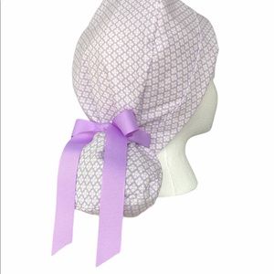 Purple womens surgical scrub cap/hat with ponytail